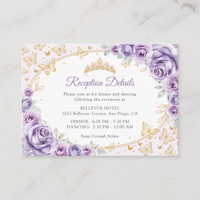 Lilac Purple Gold Quinceanera Reception Details Enclosure Card (Front)