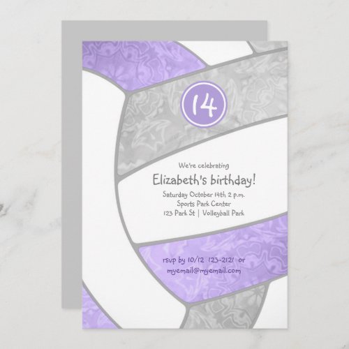 lilac purple gray girly volleyball birthday invitation