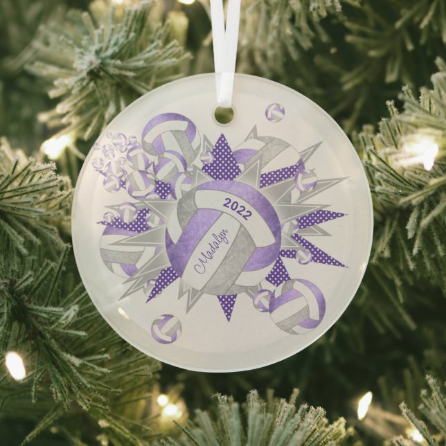 lilac purple gray girly volleyballs and stars glass ornament (Insitu)