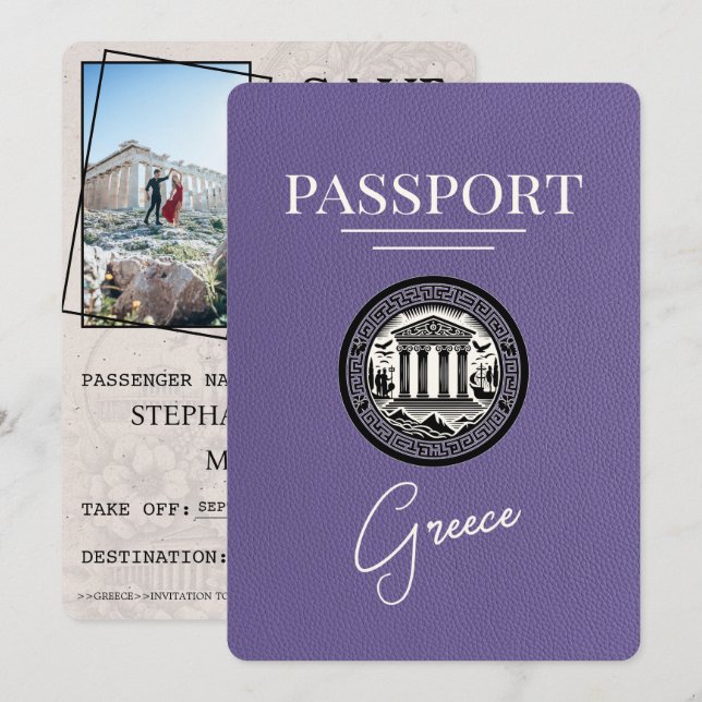 Lilac Purple Greece Passport Save the Date Card (Front/Back)