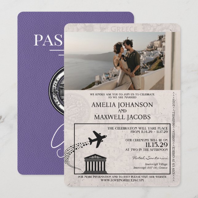 Lilac Purple Greece Passport Wedding Invitation (Front/Back)