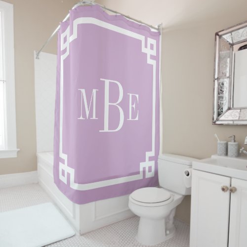 Lilac Purple Greek Key Border Monogram Shower Curtain