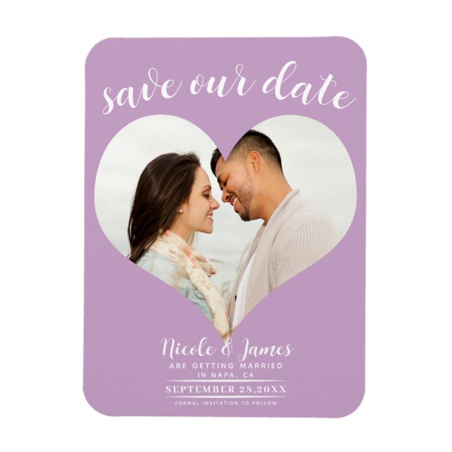 Lilac Purple Heart Photo Wedding Save the Date Magnet (Vertical)