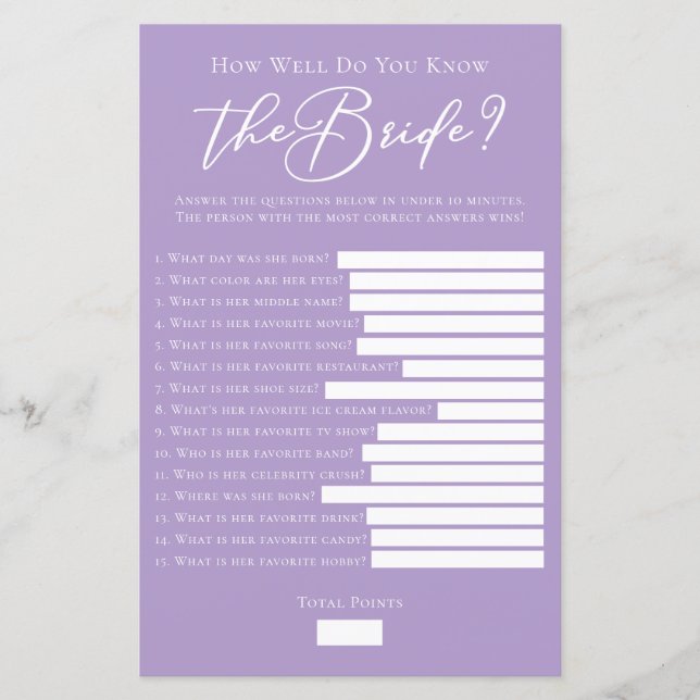 Lilac Purple Know the Bride Facts Shower Game (Front)