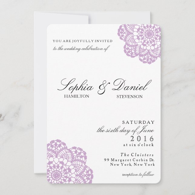 Lilac Purple Lace Doily Wedding Invitation (Front)