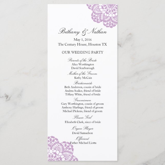 Lilac Purple Lace Doily Wedding Program (Front)
