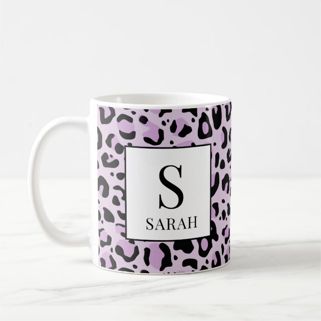 Lilac Purple Leopard Print Custom Name Mug (Left)
