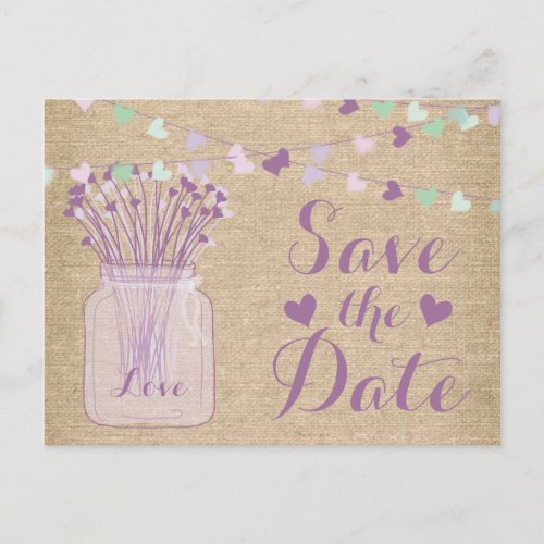 Lilac Purple Mason Jar Burlap Lace Save the Date Announcement Postcard