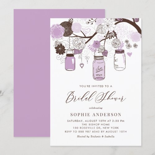 Lilac &amp; Brown Mason Jars Bridal Shower Invitation