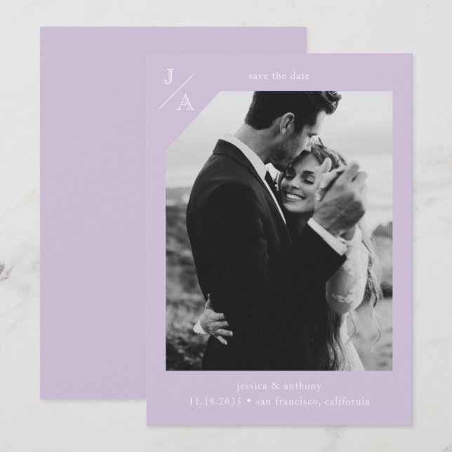Lilac Purple Minimalist Modern Monogram Photo Save The Date (Front/Back)