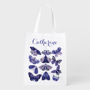 Lilac Purple moths and butterflies grocery bag