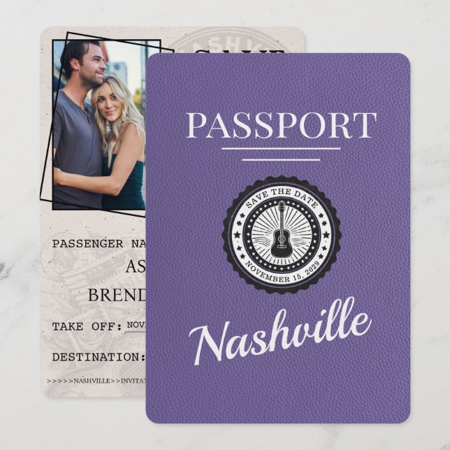 Lilac Purple Nashville Passport Save The Date (Front/Back)