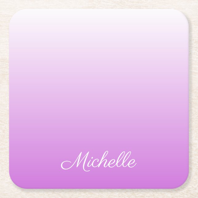 Lilac purple ombre personalized name square paper coaster (Front)