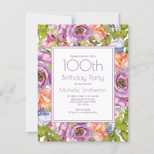 Lilac Purple Orange Blue Floral 100th Birthday Invitation