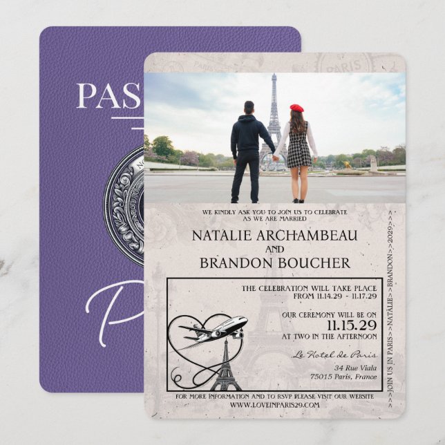 Lilac Purple Paris Passport Wedding Invitation (Front/Back)
