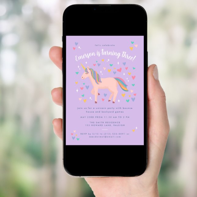 Lilac Purple Pastel Rainbow Unicorn Birthday Party Invitation (Front Digital)