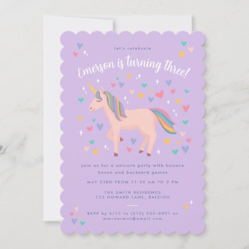 Lilac Purple Pastel Rainbow Unicorn Birthday Party Invitation
