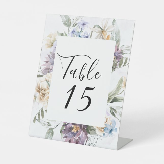 Lilac Purple Peony Wildflower Wedding Table Number Pedestal Sign (Front)