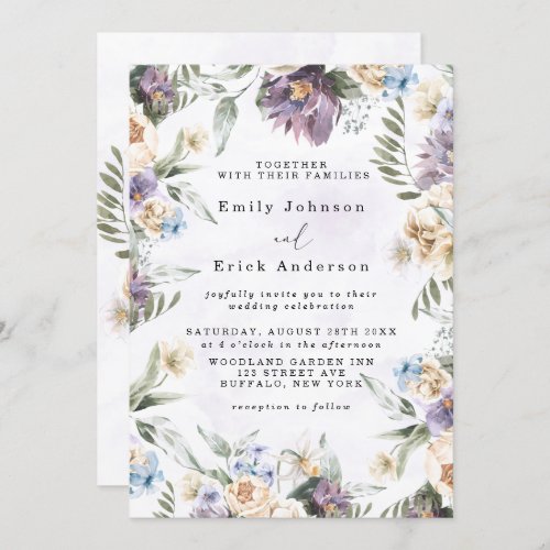 Lilac Purple Peony Wildflowers Rustic Wedding Invitation