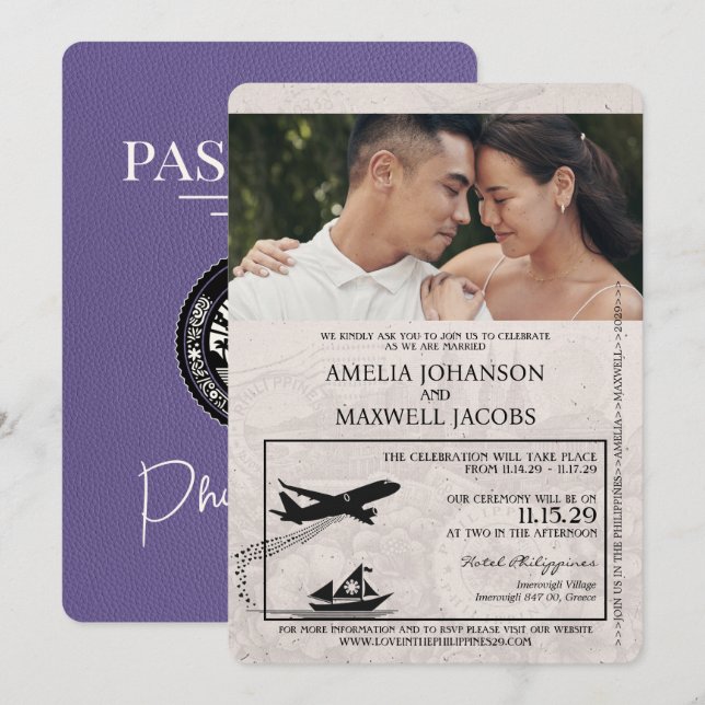 Lilac Purple Philippines Passport Wedding Invitation (Front/Back)