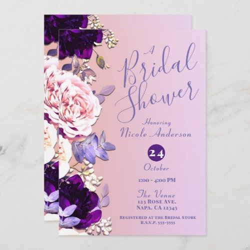 Lilac Purple Pink Blush Rose Floral Bridal Shower Invitation