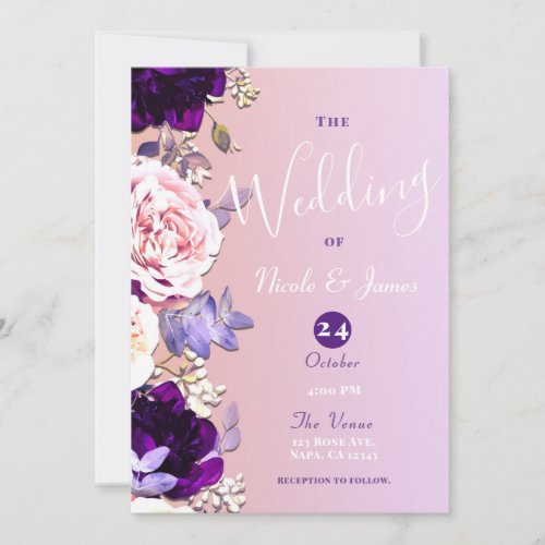 Lilac Purple  Pink Blush Rose Floral Wedding   Invitation