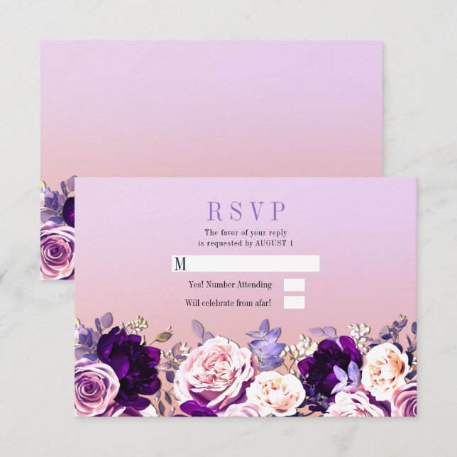 Lilac Purple & Pink Blush Rose Floral Wedding RSVP Invitation (Front/Back)