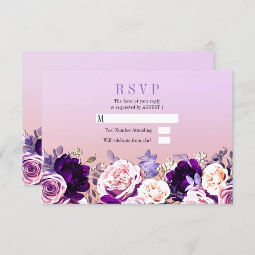 Lilac Purple  Pink Blush Rose Floral Wedding RSVP Invitation