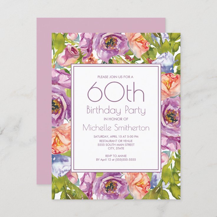 Lilac Purple Pink Floral 60th Birthday Women Invitation | Zazzle