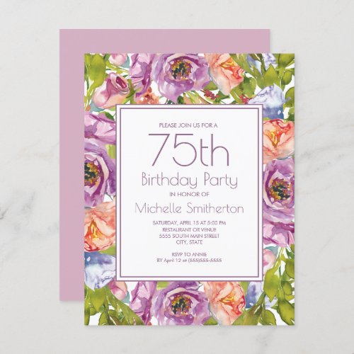 Lilac Purple Pink Floral 75th Birthday Women Invitation