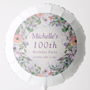 Lilac Purple Pink Watercolor Floral 100th Birthday Balloon