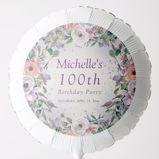 Lilac Purple Pink Watercolor Floral 100th Birthday Balloon (Front)
