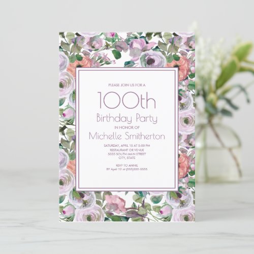 Lilac Purple Pink Watercolor Floral 100th Birthday Invitation