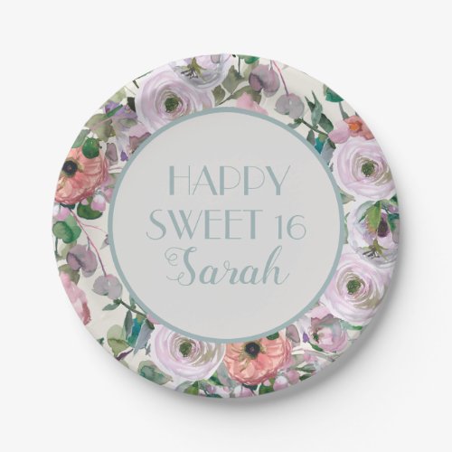 Lilac Purple Pink Watercolor Floral Sweet 16 Paper Plates