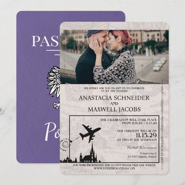 Lilac Purple Poland Passport Wedding Invitation (Front/Back)