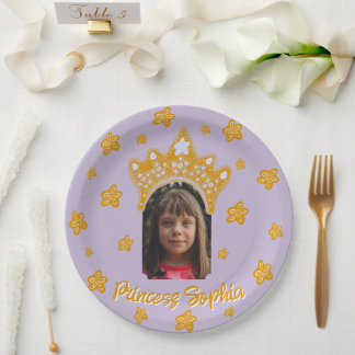 Lilac Purple Princess Crown Floral Photo Birthday Paper Plates