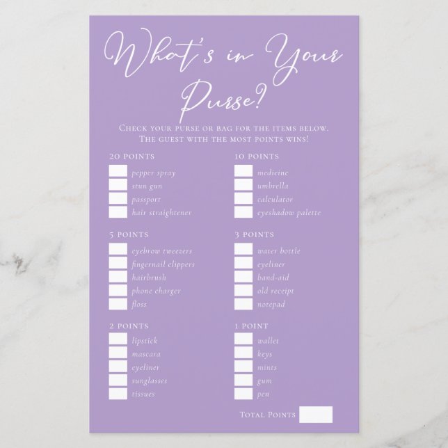 Lilac Purple Purse Items Bridal Shower Game (Front)