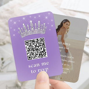 Lilac Purple QR RSVP Quinceañera Crown & Photo Enclosure Card