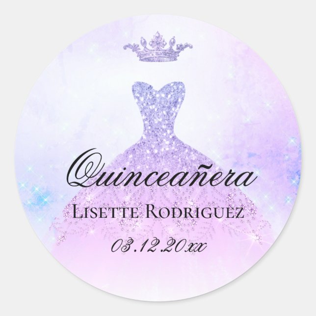 Lilac Purple Quinceanera Personalized Classic Round Sticker (Front)