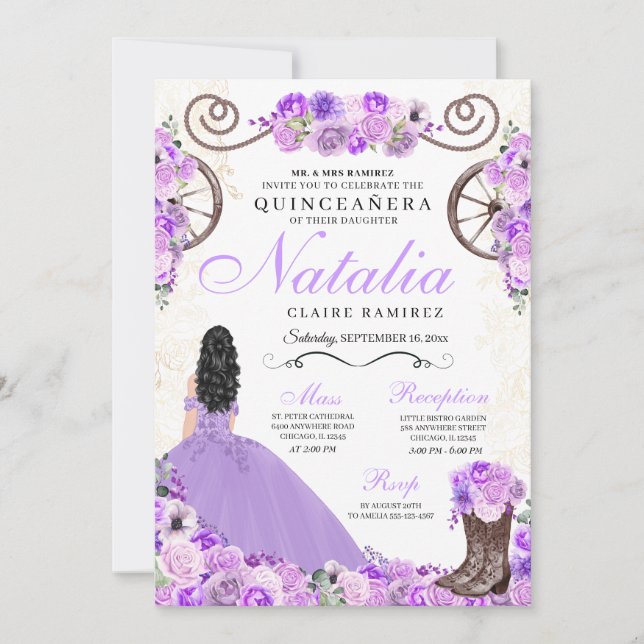 Lilac Purple Ranchero Princess Dress Quinceanera Invitation (Front)