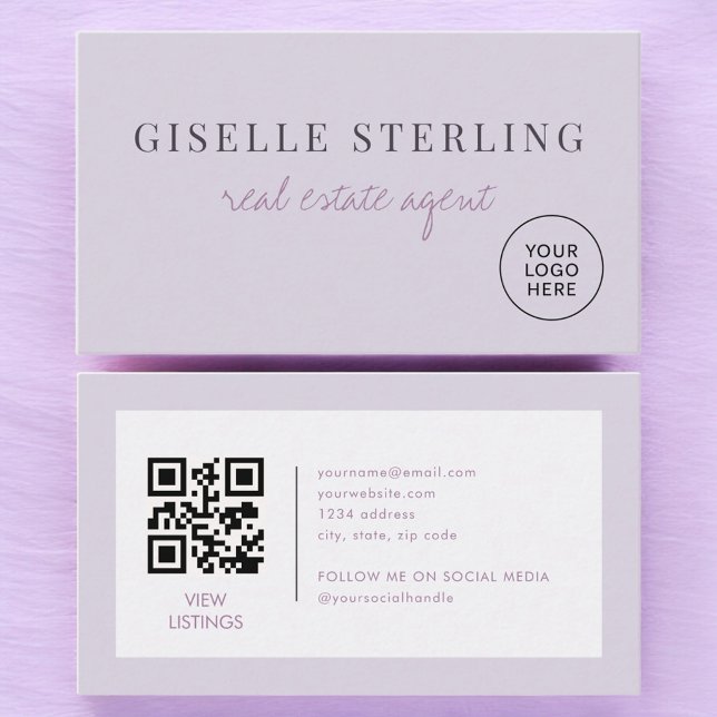 Lilac Purple Real Estate Agent Logo QR Code Business Card (Creator Uploaded)