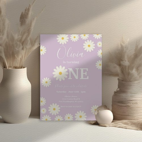  Lilac Purple Retro Daisy 1st Birthday Party  Invitation