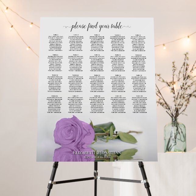 Lilac Purple Rose 20 Table Wedding Seating Chart Foam Board (In Situ (Stand))