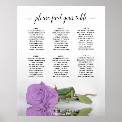 Lilac Purple Rose 6 Table Wedding Seating Chart