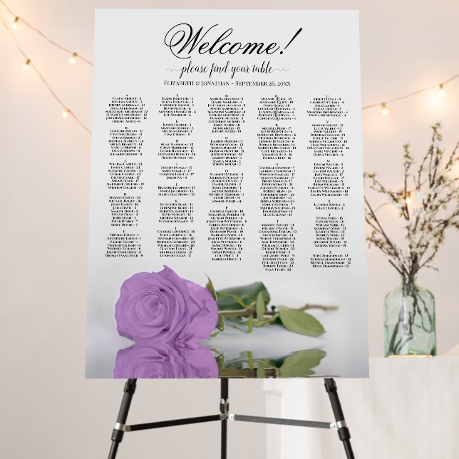 Lilac Purple Rose Alphabetic Seating Chart Welcome Foam Board (In Situ (Stand))