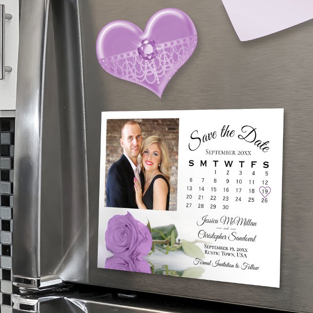 Lilac Purple Rose Calendar Photo Save Date Magnet (Creator Uploaded)