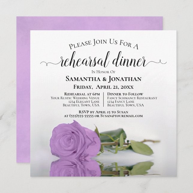 Lilac Purple Rose Chic Wedding Rehearsal & Dinner Invitation (Front/Back)