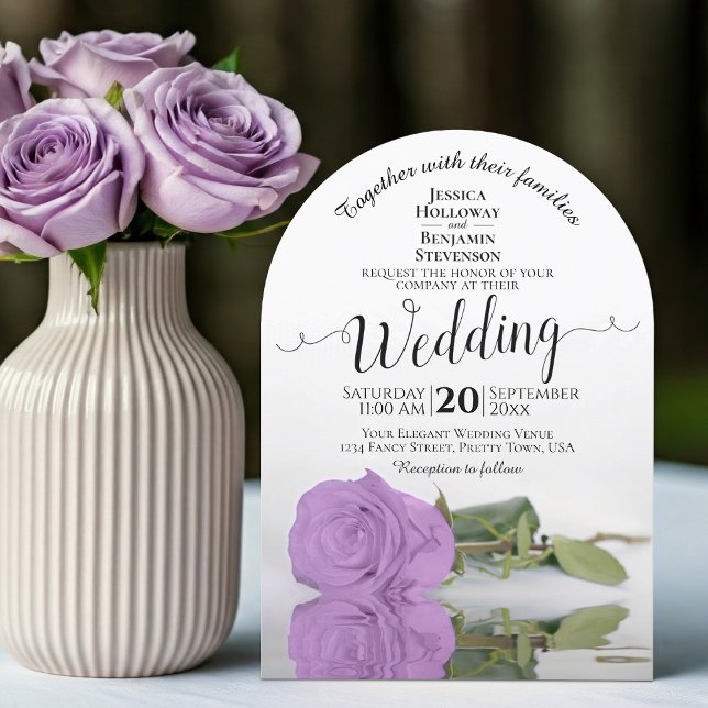 Lilac Purple Rose Elegant Calligraphy Arch Wedding Invitation (With Arch Cut)