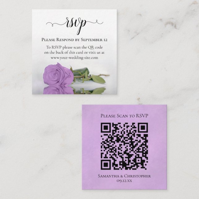 Lilac Purple Rose Elegant Wedding RSVP QR Code Enclosure Card (Front/Back)