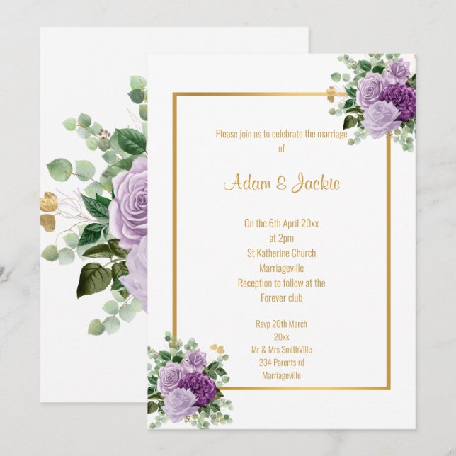LILAC PURPLE ROSE EUCALYPTUS WHITE WEDDING INVITATION (Front/Back)